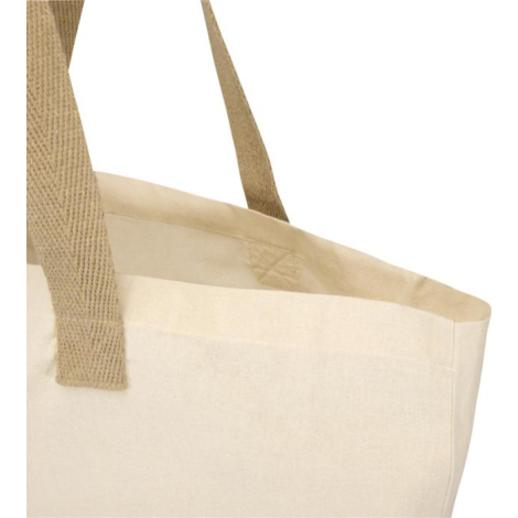 Gros plan sur la partie supérieure d’un sac écru mettant en évidence les poignées et les coutures intérieures, sans marquage app