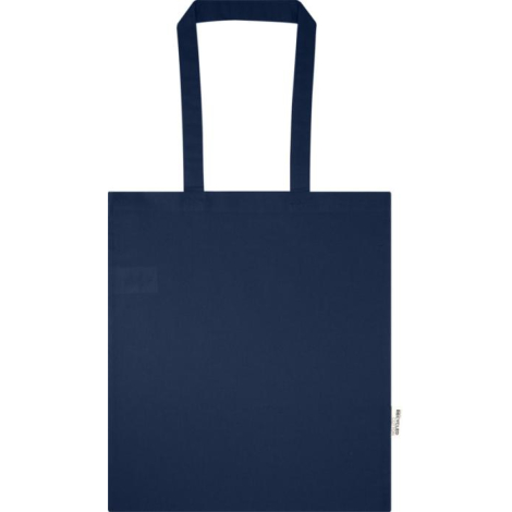 Sac shopping bleu marine présenté de face avec longues poignées assorties, sans personnalisation visible.