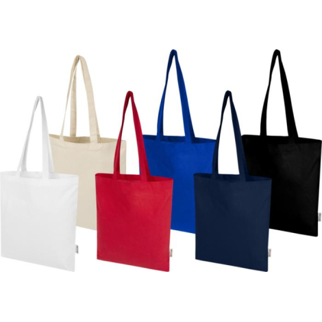 Ensemble de sacs shopping écru, rouge, bleu, bleu marine et noir présentés de face avec longues poignées assorties, sans marquag