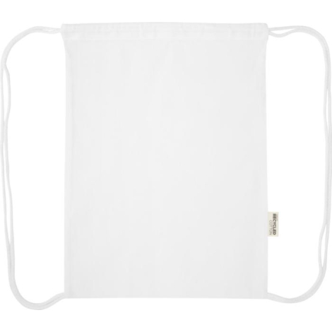 Sac à cordon blanc présenté à plat en vue arrière avec cordons visibles, sans marquage apparent et étiquette textile latérale vi