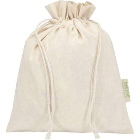 Sac cadeau écru présenté de dos avec cordon visible de chaque côté et étiquette textile latérale, sans marquage apparent.