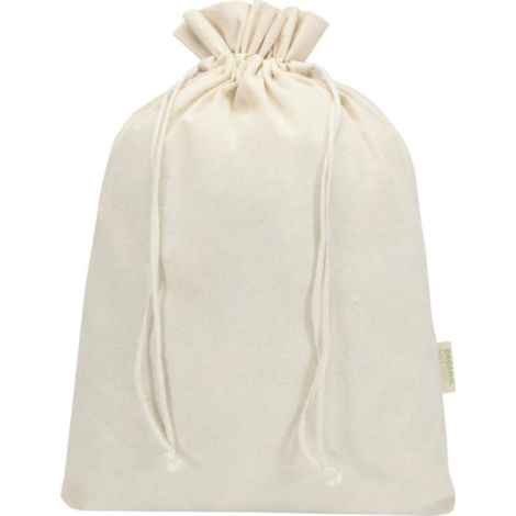 Sac cadeau écru présenté de face avec cordon visible de chaque côté et étiquette textile latérale, sans marquage apparent.
