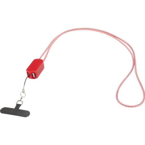 Tour de cou rouge avec boîtier rouge intégrant les connecteurs, présenté en vue partielle, sans personnalisation visible.