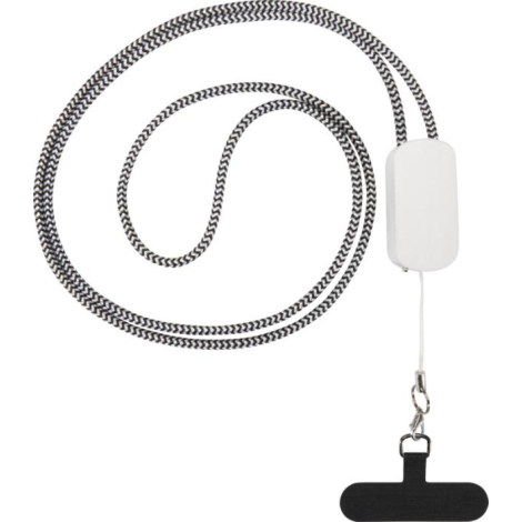 Tour de cou noir et blanc déployé avec boîtier blanc central et mousqueton en partie inférieure, sans personnalisation visible.