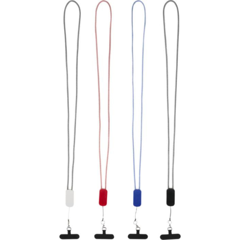 Ensemble de cordons tressés noir, rouge, bleu et noir/blanc présentés verticalement, aucune personnalisation apparente.