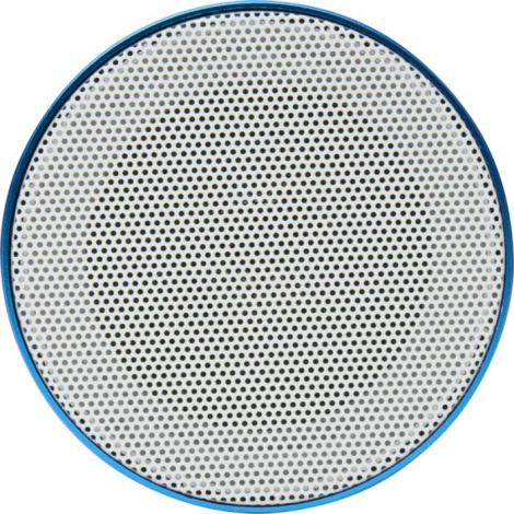 Vue du dessus d’une enceinte Bluetooth bleue mettant en évidence la grille perforée circulaire, sans marquage visible.