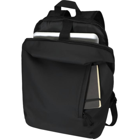 Sac à dos ouvert par le haut montrant un compartiment intérieur avec un ordinateur portable inséré, sans marquage visible.