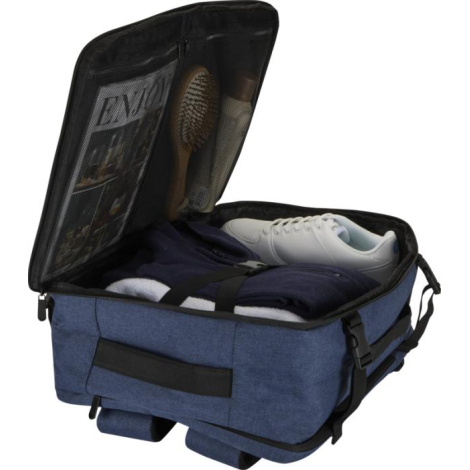 Sac de voyage cabine ouvert à plat révélant le compartiment principal avec vêtements et accessoires à l’intérieur, sans marquage
