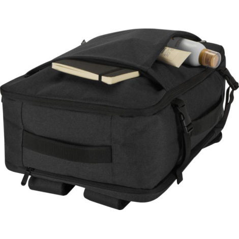 Sac de voyage cabine noir posé à plat montrant une poche supérieure ouverte avec des objets rangés à l’intérieur, sans marquage 