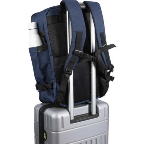 Vue arrière d’un sac de voyage cabine bleu fixé sur la poignée télescopique d’une valise, montrant les bretelles et le panneau d