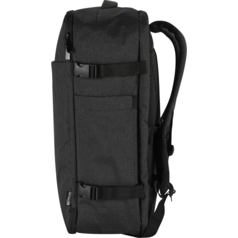 Vue latérale d’un sac de voyage cabine noir montrant une poche latérale et des sangles de compression, sans marquage visible.