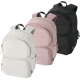 Trois sacs à dos présentés de face dans différentes couleurs avec deux poches frontales zippées, sans marquage visible.