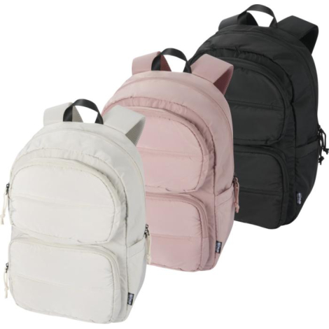 Trois sacs à dos présentés de face dans différentes couleurs avec deux poches frontales zippées, sans marquage visible.