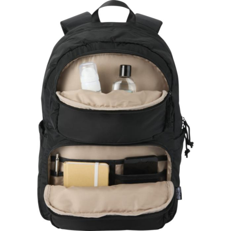 Sac à dos noir ouvert montrant l’intérieur de la poche supérieure avec différents objets rangés, sans personnalisation visible.