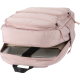 Sac à dos rose partiellement ouvert montrant un ordinateur portable dans le compartiment principal, sans marquage visible.