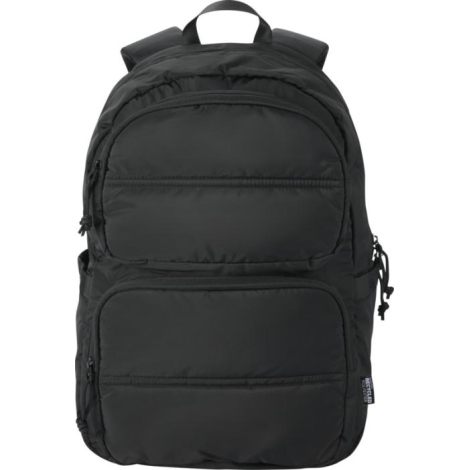 Sac à dos noir présenté de face avec deux poches frontales zippées, sans personnalisation visible.