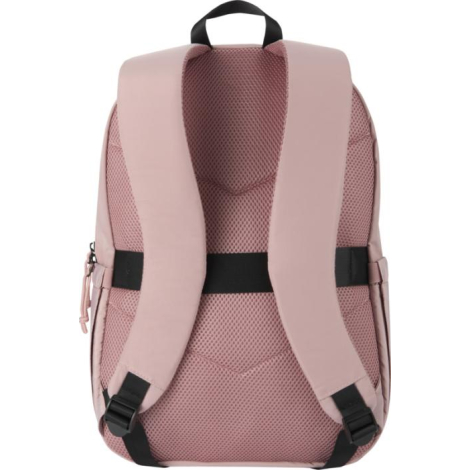 Vue arrière rapprochée d’un sac à dos rose montrant les bretelles rembourrées et le panneau dorsal en maille respirante, sans ma