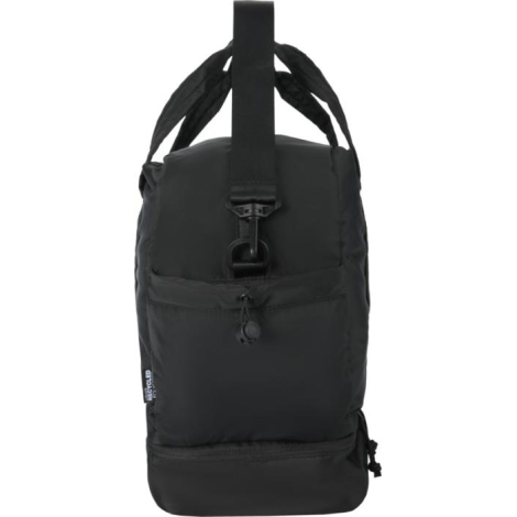 Vue latérale d’un sac de sport noir avec poche zippée et point d’attache pour la sangle d’épaule, sans personnalisation visible.
