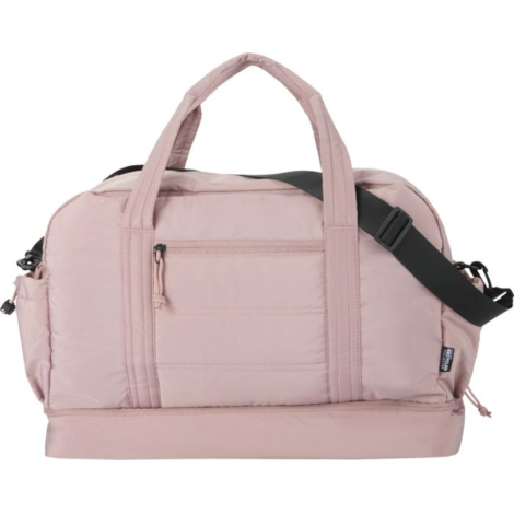 Sac de sport rose présenté de face avec poche frontale zippée, sans personnalisation visible.
