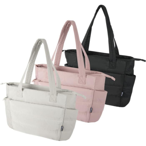 Trois cabas matelassés pour ordinateur portable présentés de face dans différentes couleurs, sans marquage visible.