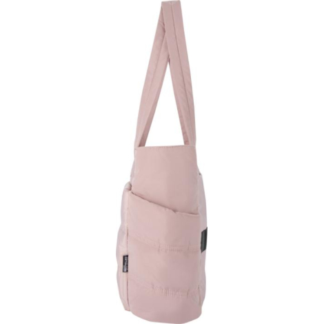 Vue latérale d’un cabas matelassé rose montrant une poche extérieure, sans personnalisation visible.