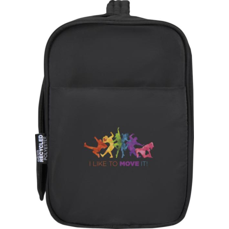 Trousse de toilette noire présentée de côté avec poche présentant une personnalisation visible.