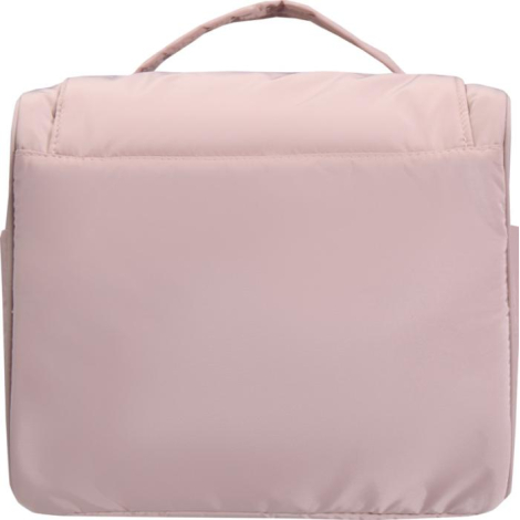 Vue arrière d’une trousse de toilette rose avec poignée supérieure, sans personnalisation apparente.