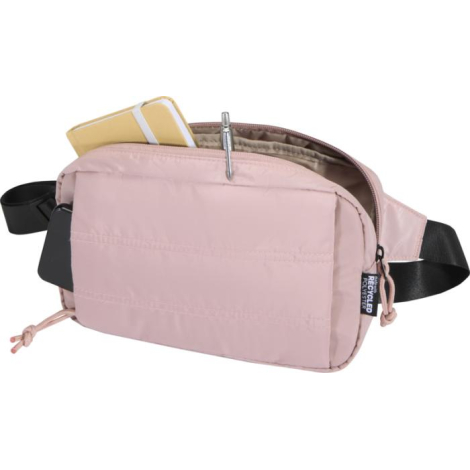 Sac banane rose ouvert montrant le compartiment intérieur avec carnet et stylo, sans personnalisation visible.