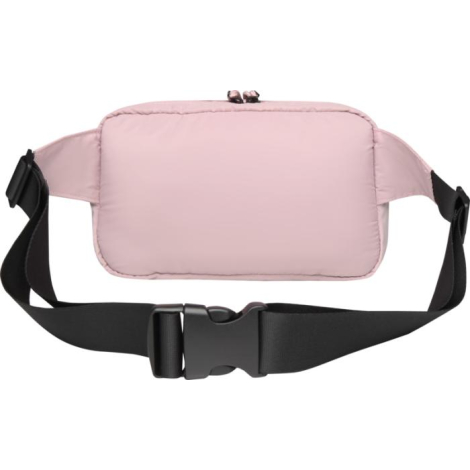Sac banane rose présenté de face avec sangle et boucle de fermeture visibles, sans marquage visible.