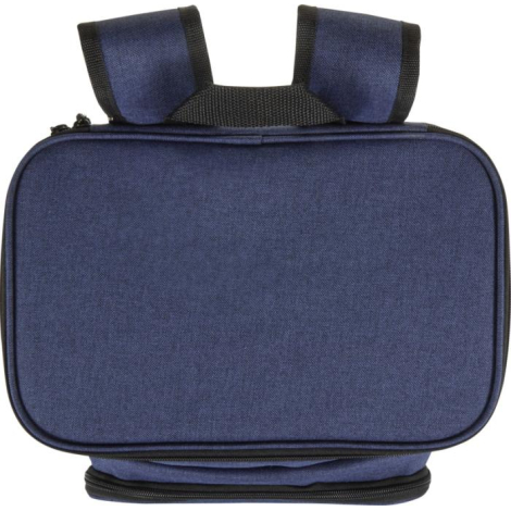 Vue du dessous d’un sac à dos glacière bleu montrant la base du sac et les bretelles visibles en arrière-plan, sans personnalisa