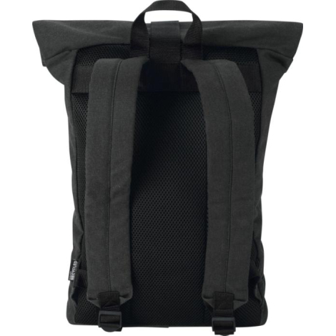 Vue arrière d’un sac à dos rolltop noir montrant les bretelles rembourrées et le panneau dorsal en maille, sans marquage visible