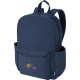 Sac à dos bleu présenté de face avec poche frontale zippée, avec personnalisation visible sur la surface de la poche avant.