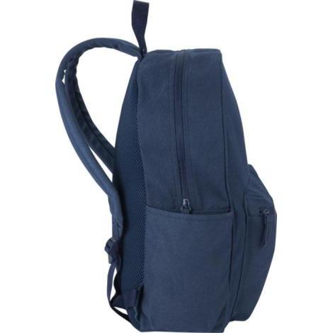 Vue latérale d’un sac à dos bleu montrant poche latérale et sangle d’épaule, sans personnalisation visible.