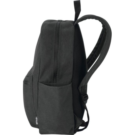 Vue latérale d’un sac à dos noir montrant poche latérale et sangle d’épaule, sans marquage visible.