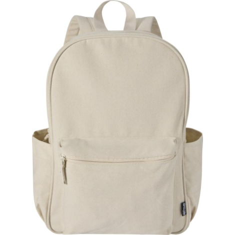 Sac à dos beige présenté de face avec poche frontale zippée, sans personnalisation apparente.