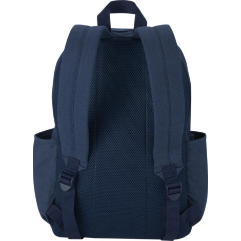 Vue arrière d’un sac à dos bleu montrant bretelles rembourrées et panneau dorsal en maille, sans marquage visible.
