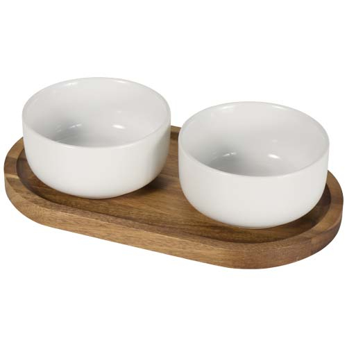 Set apéritif plateau bois et bols céramique personnalisable Noa Blanc