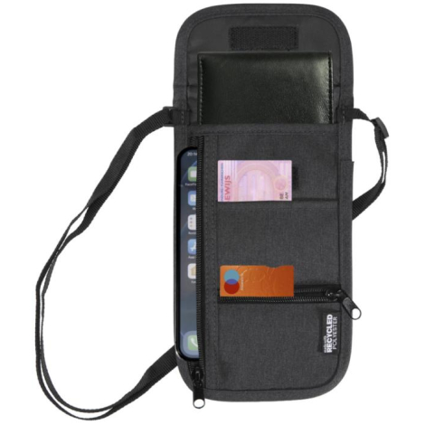 Pochette de voyage noire ouverte, montrant plusieurs compartiments avec téléphone, passeport et cartes à l’intérieur, sans perso