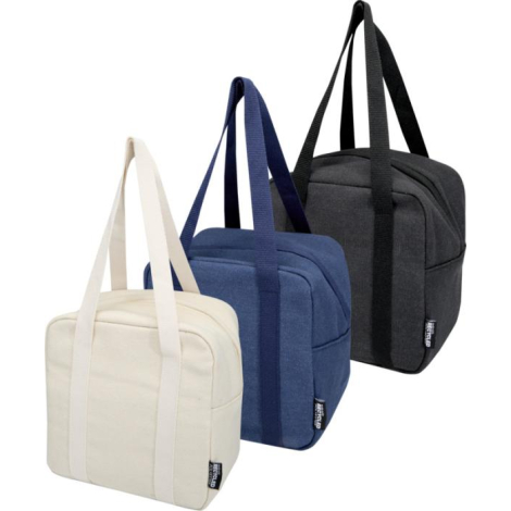 Trois sacs déjeuner isothermes beige, bleu et noir présentés côte à côte, avec anses verticales et fermeture zippée supérieure, 