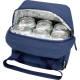 Sac déjeuner isotherme bleu ouvert, montrant un intérieur isolant argenté avec plusieurs canettes et une anse visible, sans marq Sac déjeuner isotherme bleu ouvert, montrant un intérieur isolant argenté avec plusieurs canettes et une anse visible, sans marq