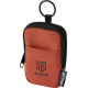Petite pochette rectangulaire orange vue de face, avec bordures noires, fermeture zippée sur le pourtour et poche plaquée sur l’