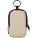 Petite pochette beige vue de face, avec bordures noires, fermeture zippée et poche plaquée sur la face avant, sans marquage visi
