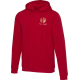 Sweat à capuche rouge unisexe vu de face avec cordons de serrage et poche kangourou, avec personnalisation visible sur la poitri