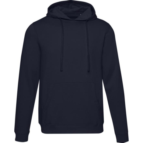 Sweat à capuche bleu foncé unisexe vu de face avec cordons de serrage et poche kangourou, sans marquage visible.