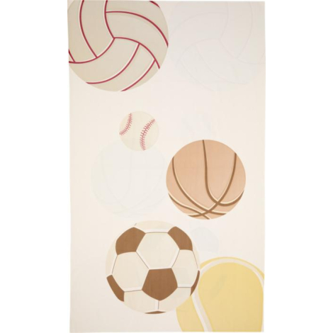 Serviette microfibre déployée avec motif composé de ballons de sport de différentes tailles répartis sur toute la surface, sans 