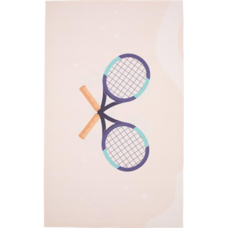 Serviette microfibre déployée montrant deux raquettes de tennis croisées au centre sur fond clair, sans personnalisation visible