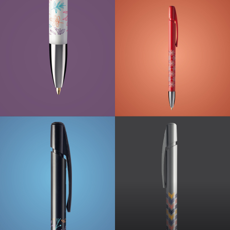 Visuel composite de stylos BIC Media Clic Advance en plusieurs sections montrant différentes couleurs et détails, avec certaines
