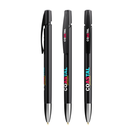 Trois stylos bille BIC Media Clic Advance noirs présentés verticalement avec clip noir et pointe métallique, chacun avec personn