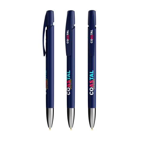 Trois stylos bille BIC Media Clic Advance bleu foncé présentés verticalement avec clip assorti et pointe métallique, chacun avec