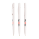 Trois stylos BIC Media Clic Ecolutions Plus blancs alignés, chacun avec personnalisation visible sur le corps sous le clip. Trois stylos BIC Media Clic Ecolutions Plus blancs alignés, chacun avec personnalisation visible sur le corps sous le clip.